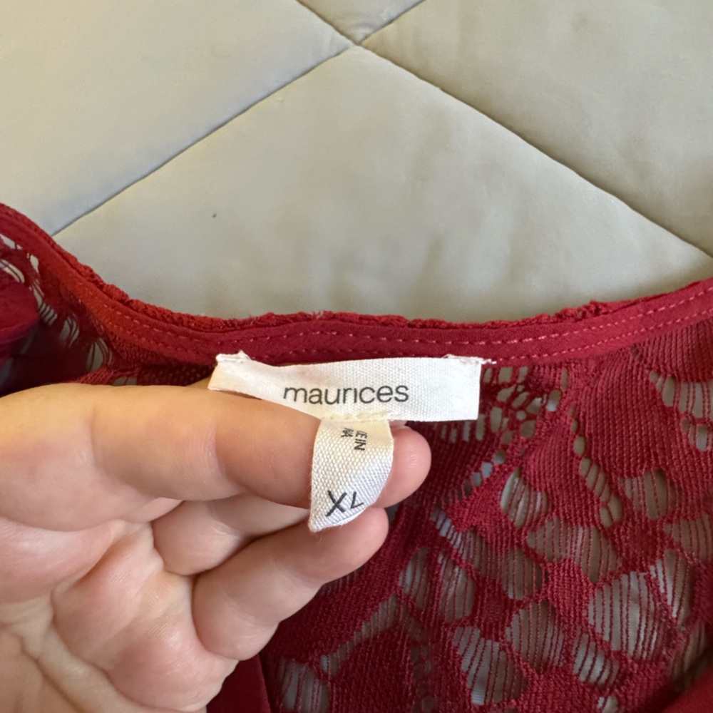 Maurices Burgundy Lace Yoke Zip-Front Blouse - Picture 2 of 3